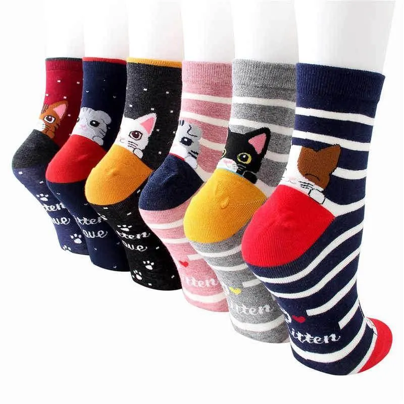 Cute cat women's socks color spring autumn-winter funny cartoon sock ladies and woman's striped cotton socks
