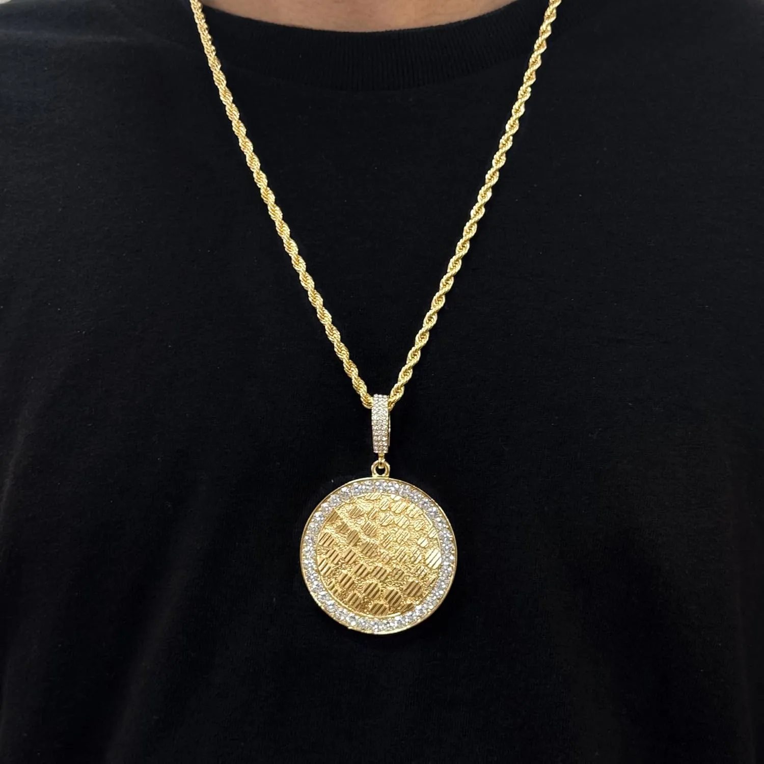 Men's Iced-Out Large Medallion Pendant with 5mm Rope Chain  Luxury Hip-Hop Necklace