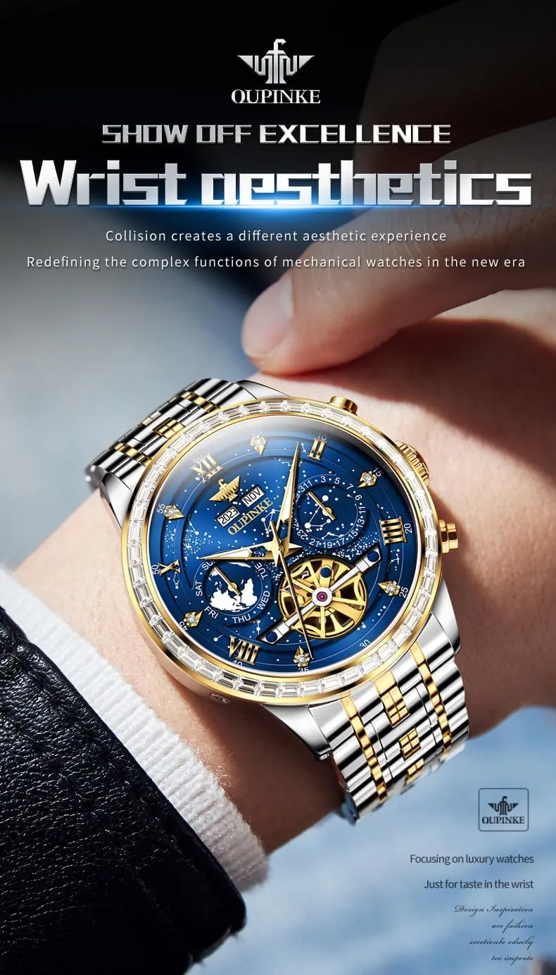 OUPINKE Mens Automatic Wrist Watch Luxury Diamond Self Winding Mechanical Waterproof Sapphire Crystal Date Watch
