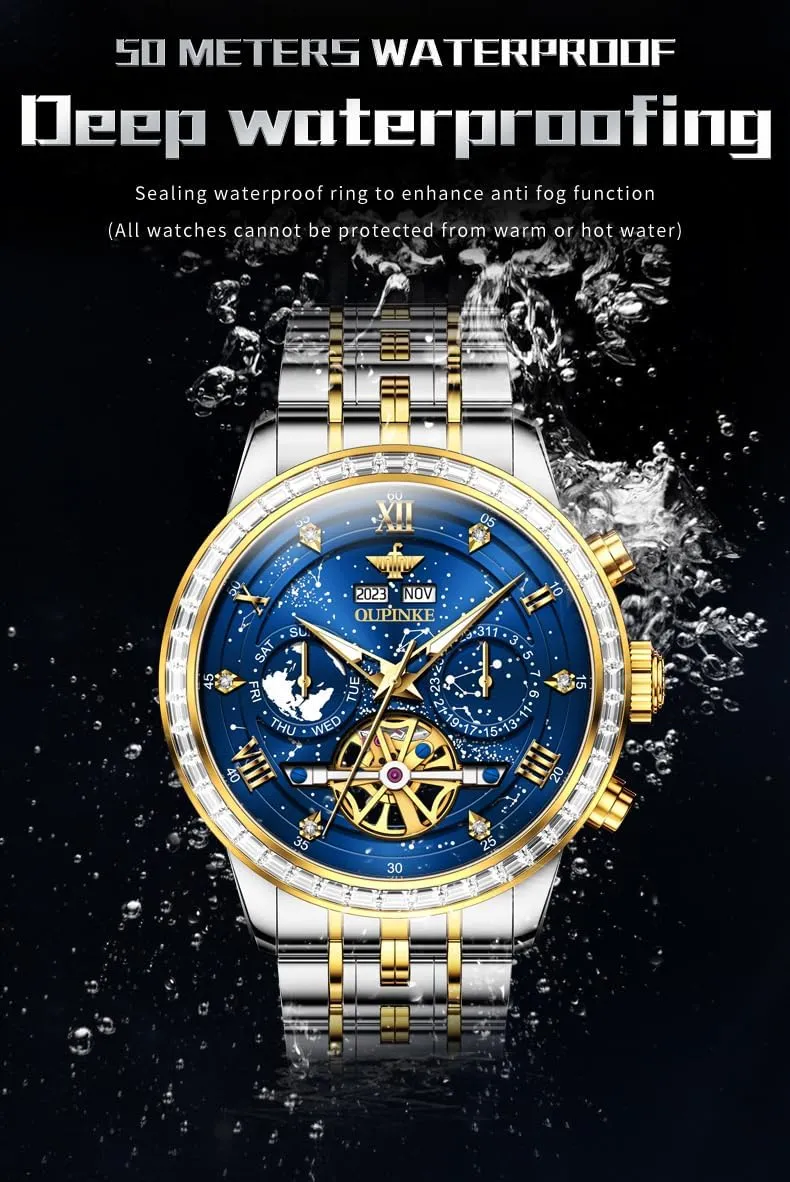 OUPINKE Mens Automatic Wrist Watch Luxury Diamond Self Winding Mechanical Waterproof Sapphire Crystal Date Watch
