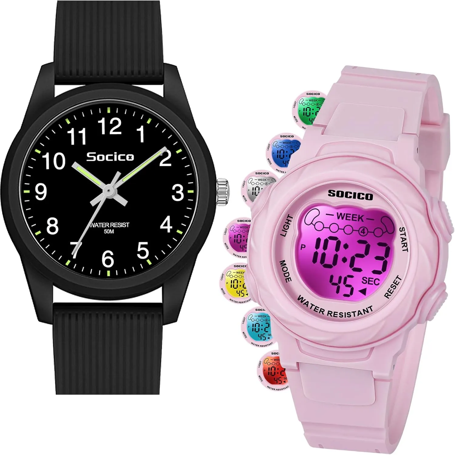 SOCICO Kids Watches for Boys & Girls  Digital 7 Color Lights, Stopwatch, Alarm & Analog Easy Time Learning  50M Waterproof, Soft Durable Bands, Great Gift for Ages 4-12