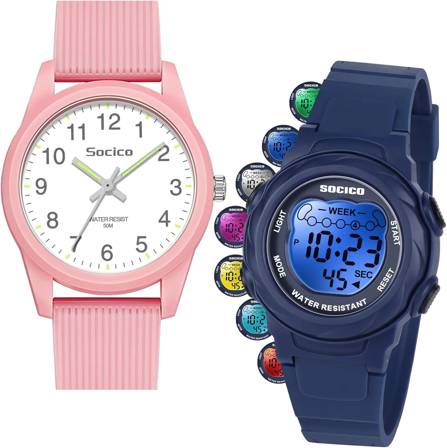 SOCICO Kids Watches for Boys & Girls  Digital 7 Color Lights, Stopwatch, Alarm & Analog Easy Time Learning  50M Waterproof, Soft Durable Bands, Great Gift for Ages 4-12
