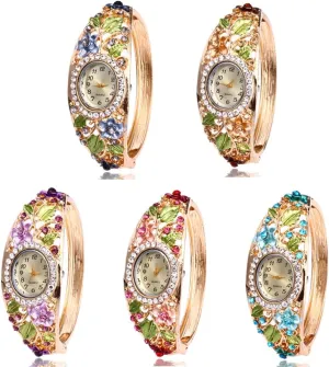 Women Ladies 5 Pcs Wholesale Watch Elegant Bangle Bracelet Crystal Round Dial with Flower Wrist Watch